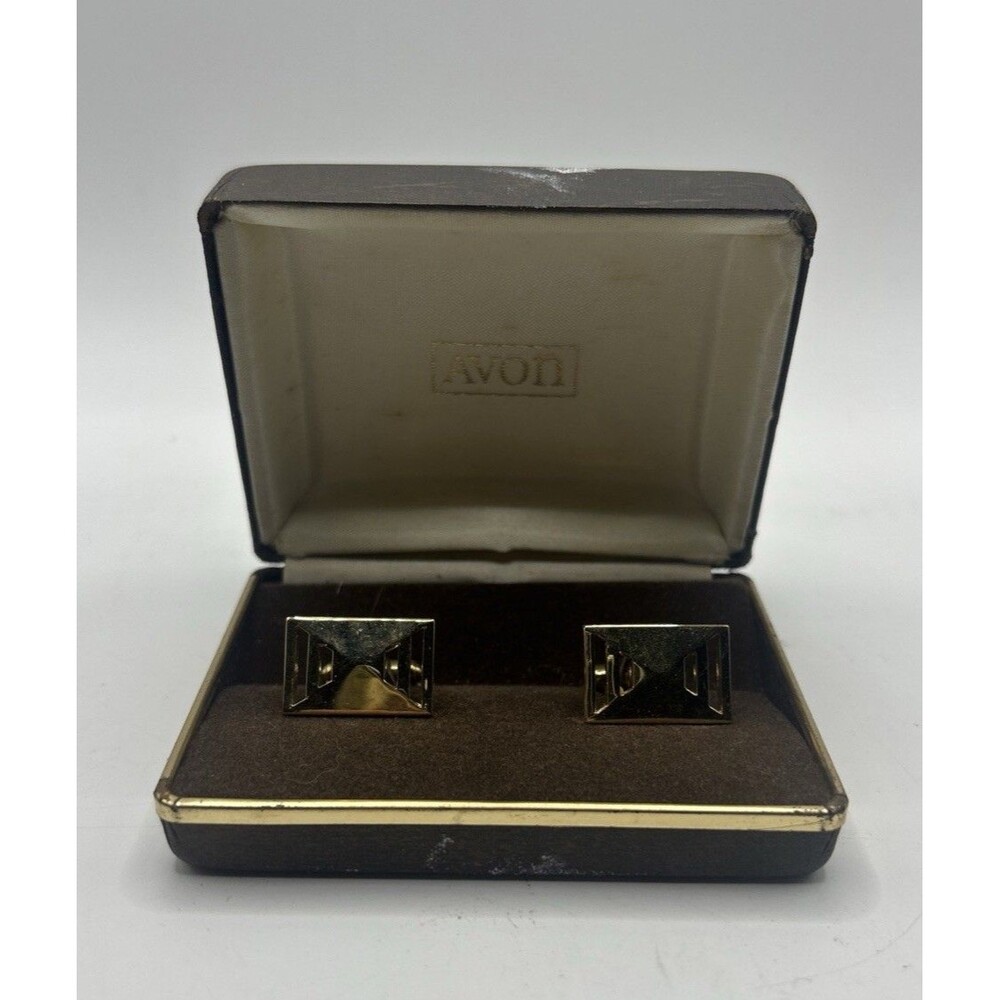Avon Gold Tone Rectangle Cuff Links with Box